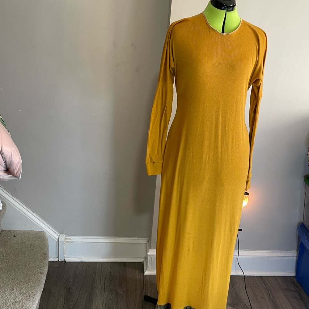 Casual Yellow Long Sleeve Sheath Dress with light brown plaid duster and belt.